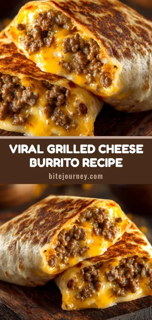 A mouth-watering Grilled Cheese Burrito cut in half, revealing hearty ground beef and gooey melted cheddar cheese.