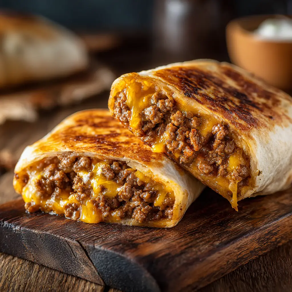 Ingredients for a Grilled Cheese Burrito including ground beef, freshly grated cheddar cheese, tortillas, and taco seasoning.