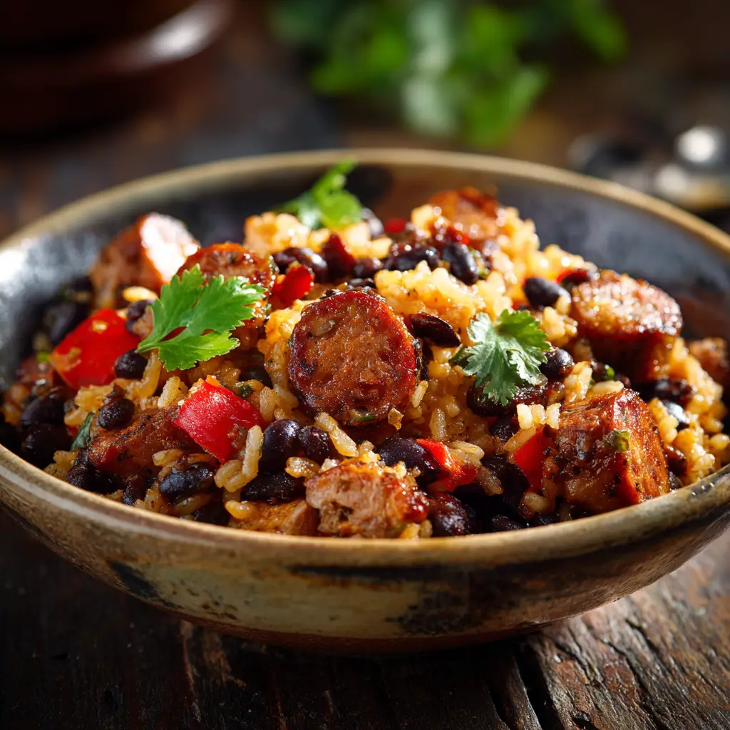 Close-up macro shot of plump black beans, glistening rice, and thick chunks of savory sausage on a dark wood table.