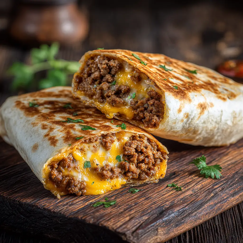 A close-up of a perfectly toasted Grilled Cheese Burrito sizzling in a pan.