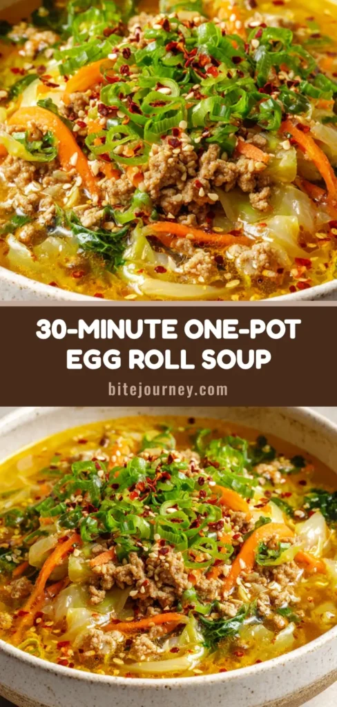 A rustic off-white ceramic bowl filled with hearty egg roll soup, showcasing visible ground pork, shredded cabbage, and julienned carrots in a savory golden broth. Garnished with scallions and sesame seeds.