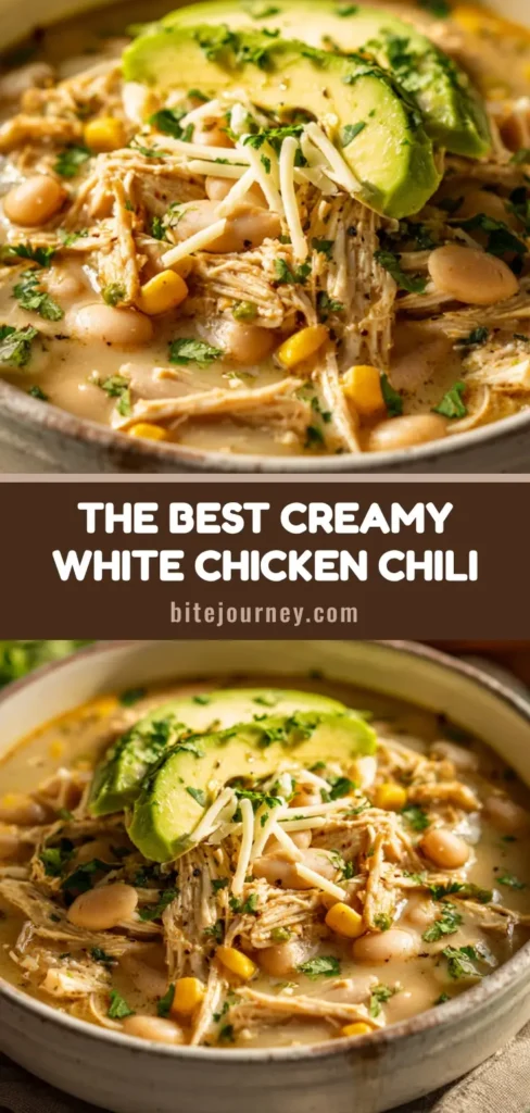 A shallow stoneware bowl filled with hearty, rustic white chicken chili garnished with fresh avocado, Monterey Jack cheese, and chopped cilantro.