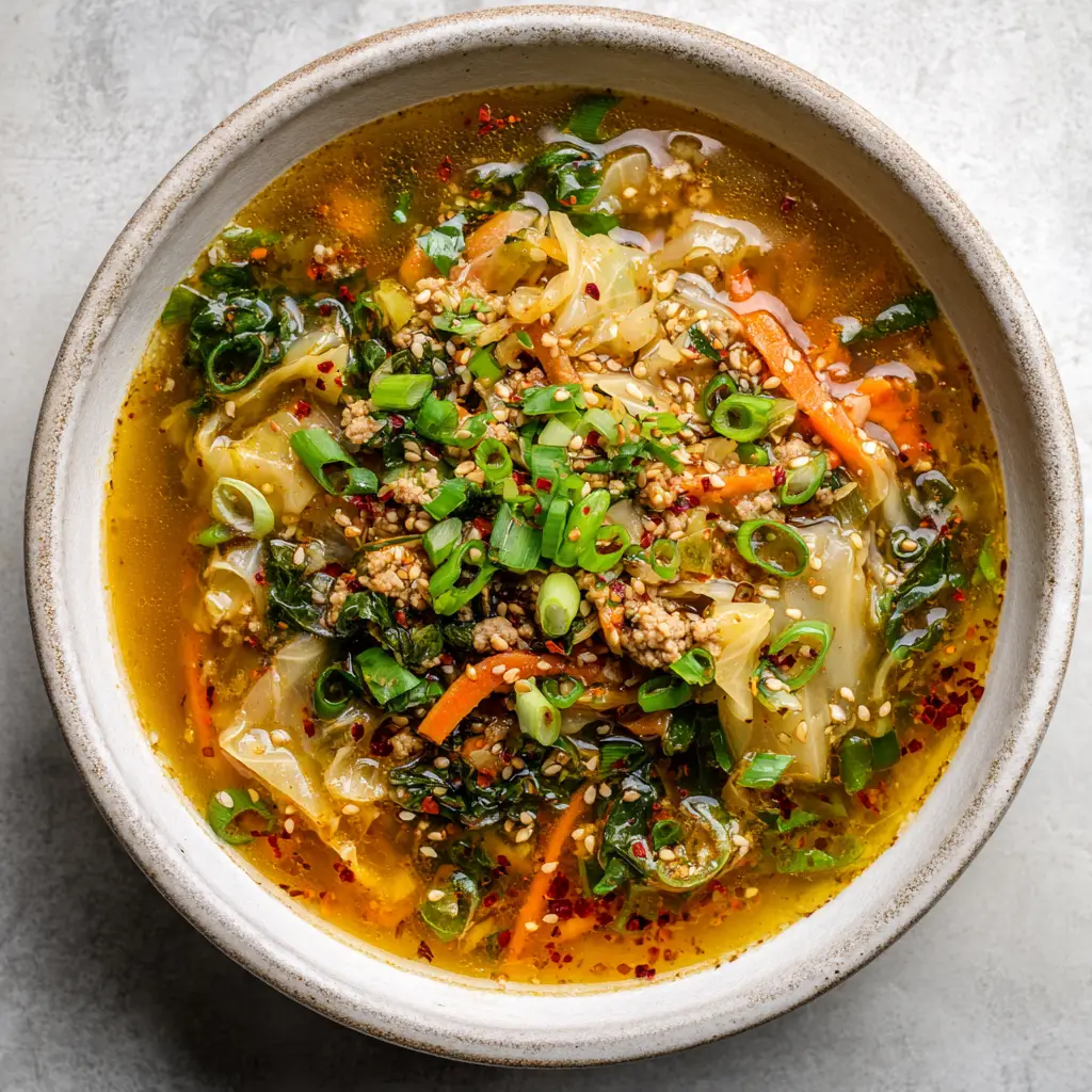 Close-up macro shot of vibrant raw ingredients for egg roll soup, including shredded green cabbage, julienned carrots, and ground pork on a light gray surface.