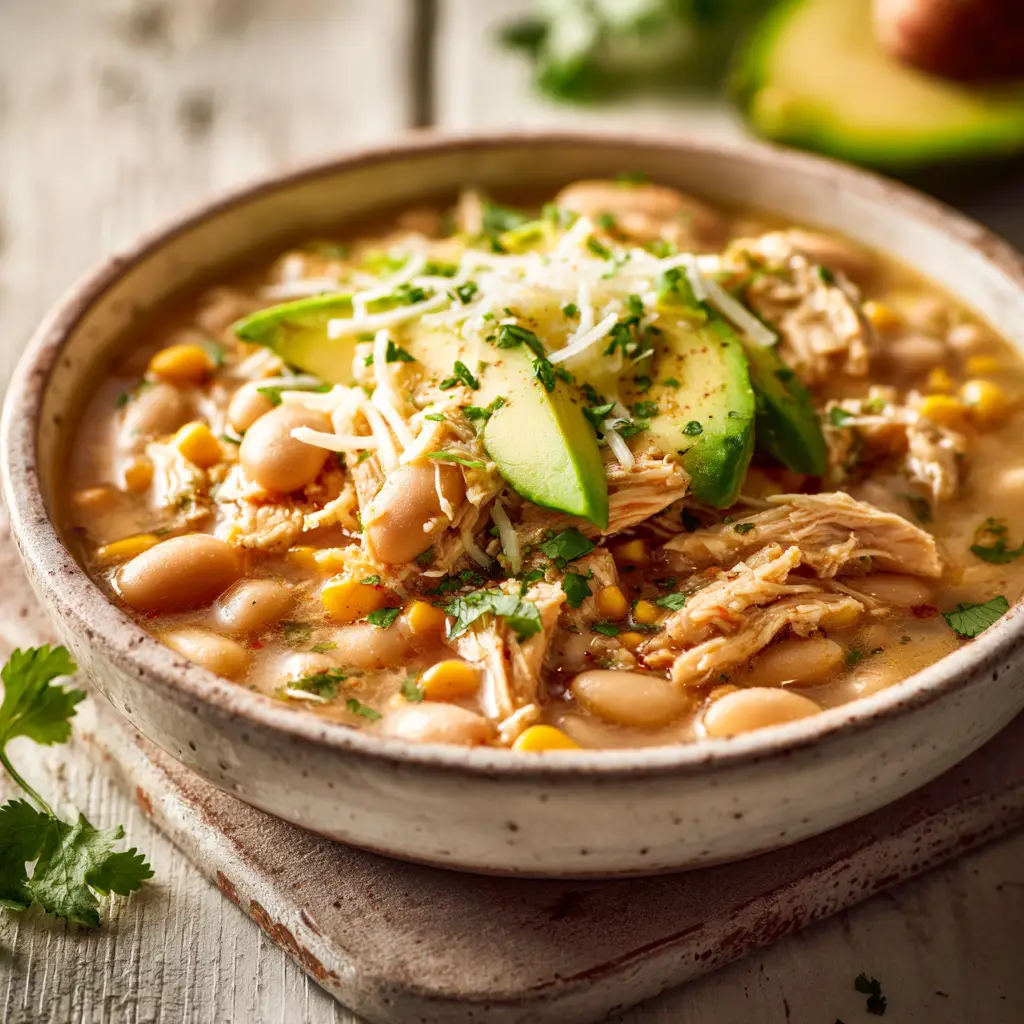 Beautifully garnished bowl of white chicken chili with avocado slices and a sprinkle of shredded Monterey Jack cheese under bright kitchen lighting.