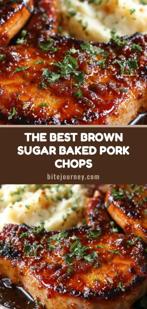 A close-up view of two thick-cut, juicy baked brown sugar pork chops with a bubbling, caramelized glaze and slightly charred edges, sprinkled with fresh parsley and served next to mashed potatoes.