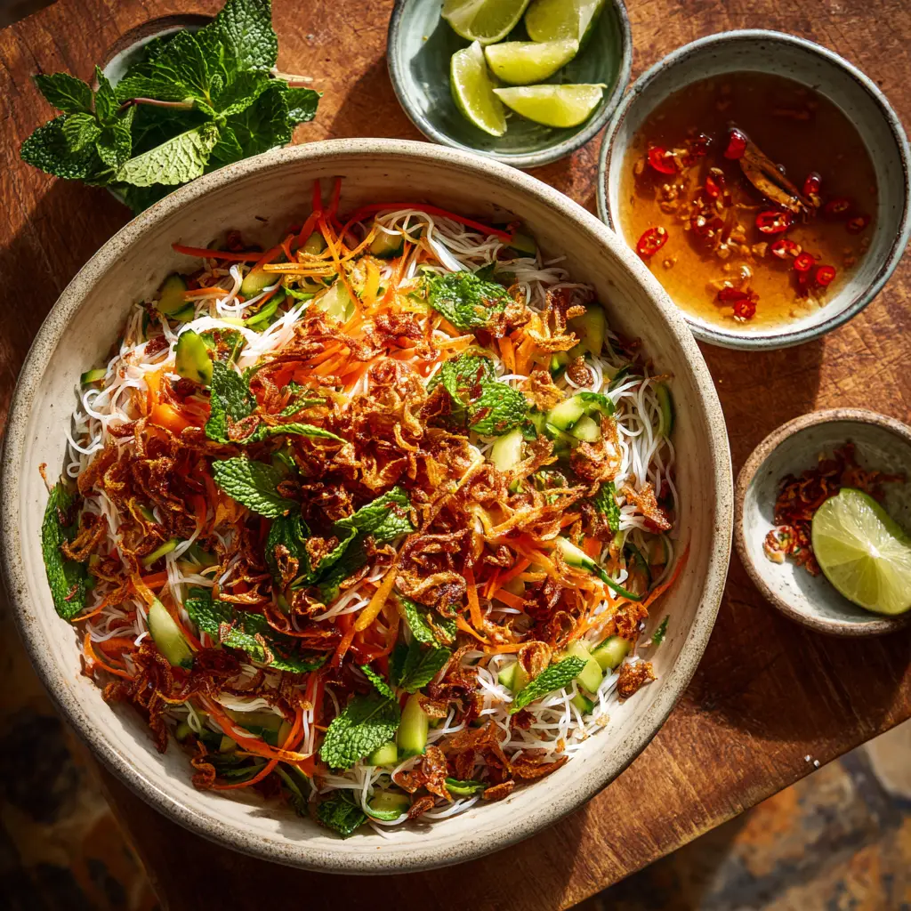 Sparkling Vietnamese dipping sauce in a small matching bowl beside a vibrant vermicelli noodle salad on a rustic wooden table.