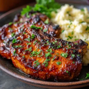 Overhead view of glistening brown sugar pork chops on a dark rustic ceramic plate with mashed potatoes on the side.