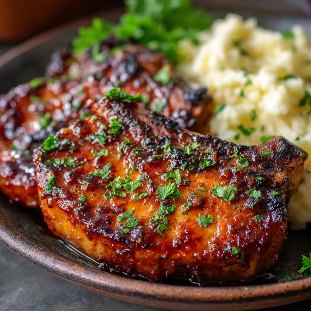 Overhead view of glistening brown sugar pork chops on a dark rustic ceramic plate with mashed potatoes on the side.