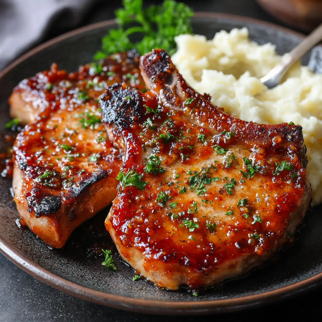Macro shot of a bubbling brown sugar glaze with slightly charred edges on a beautifully seared pork chop.