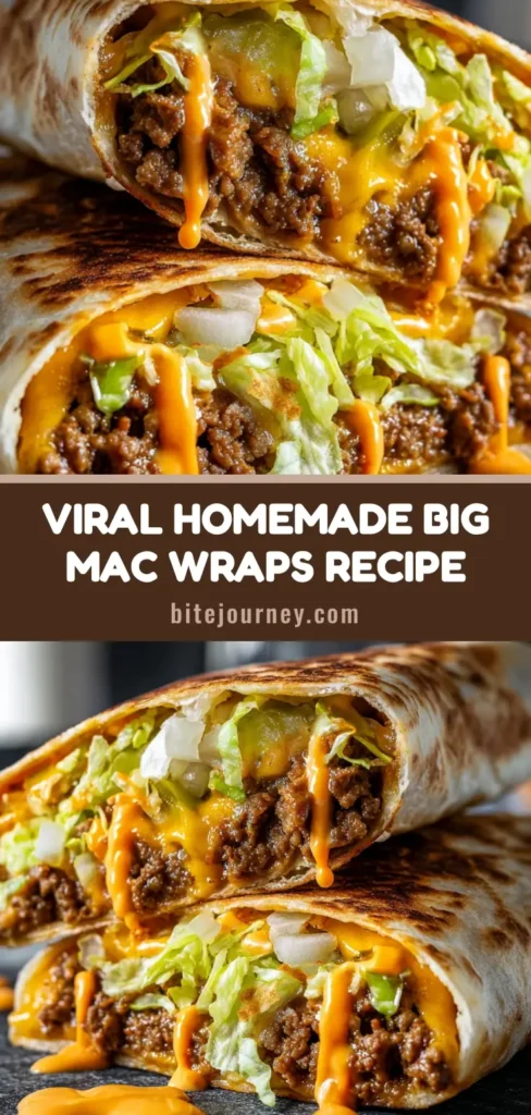 A close-up of beautifully sliced Homemade Big Mac Wraps showing the layers of seasoned beef, melted American cheese, lettuce, and special sauce.