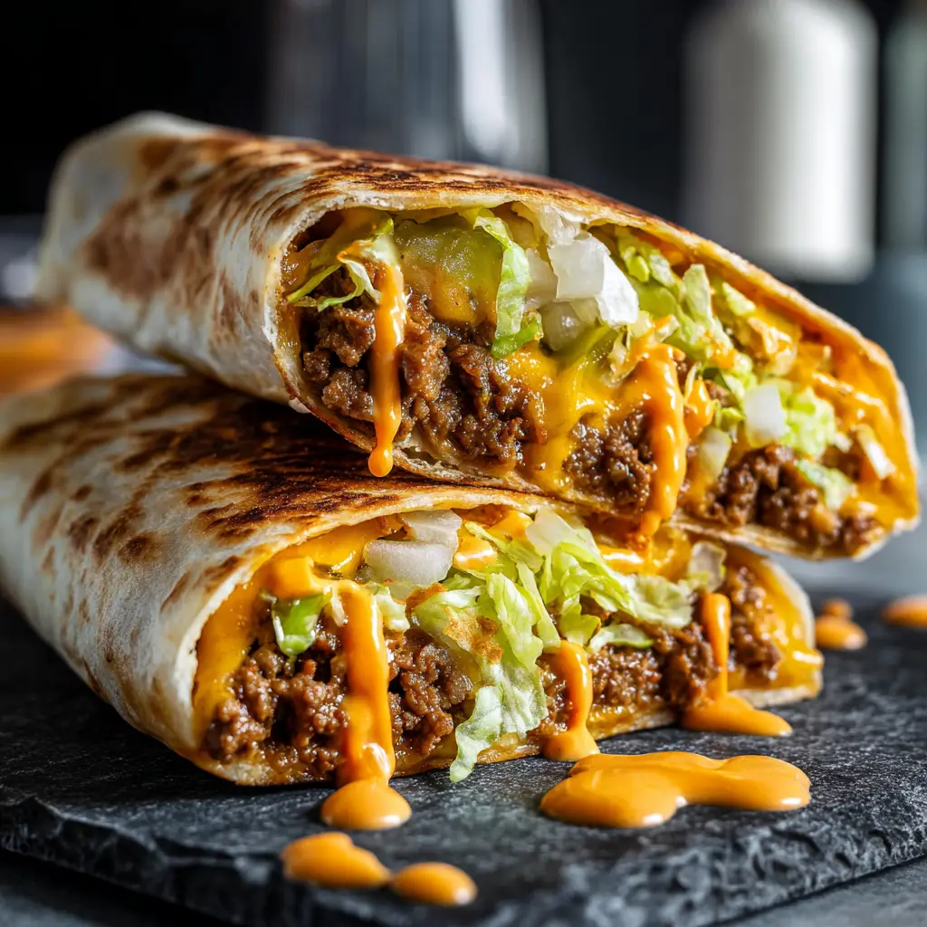 A golden-brown toasted tortilla sliced in half diagonally, revealing a hearty filling of ground beef and creamy orange special sauce on a dark slate surface.
