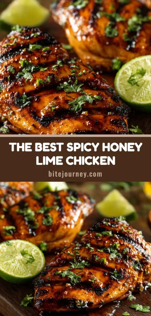 A close-up macro shot of glistening grilled honey lime chicken breasts on a rustic dark wood cutting board.