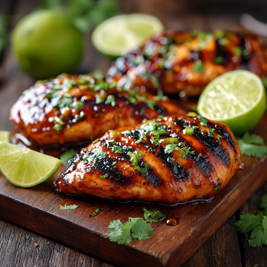 Ingredients for Honey Lime Chicken including raw chicken breasts, honey, fresh limes, cilantro, and garlic.
