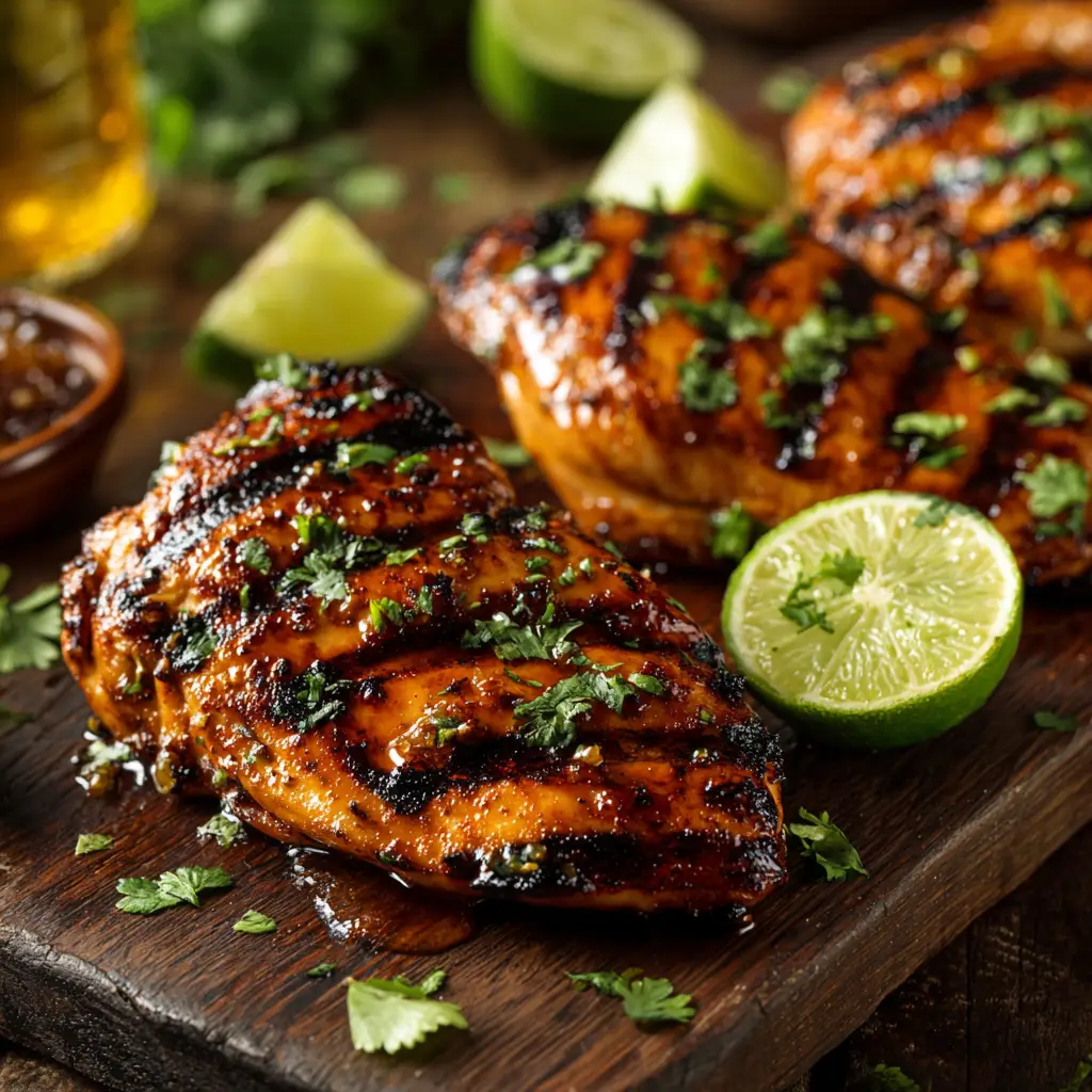 Juicy honey lime chicken breasts searing on a grill pan with a sticky luscious glaze bubbling around the edges.