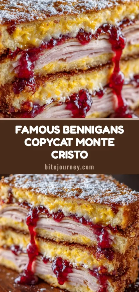 A halved Bennigans Monte Cristo Recipe deep-fried sandwich showing melted cheese, ham, and turkey on a rustic wood board.