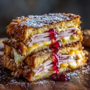 Ingredients for the Bennigans Monte Cristo Recipe including ham, turkey, cheese, and raspberry jam.