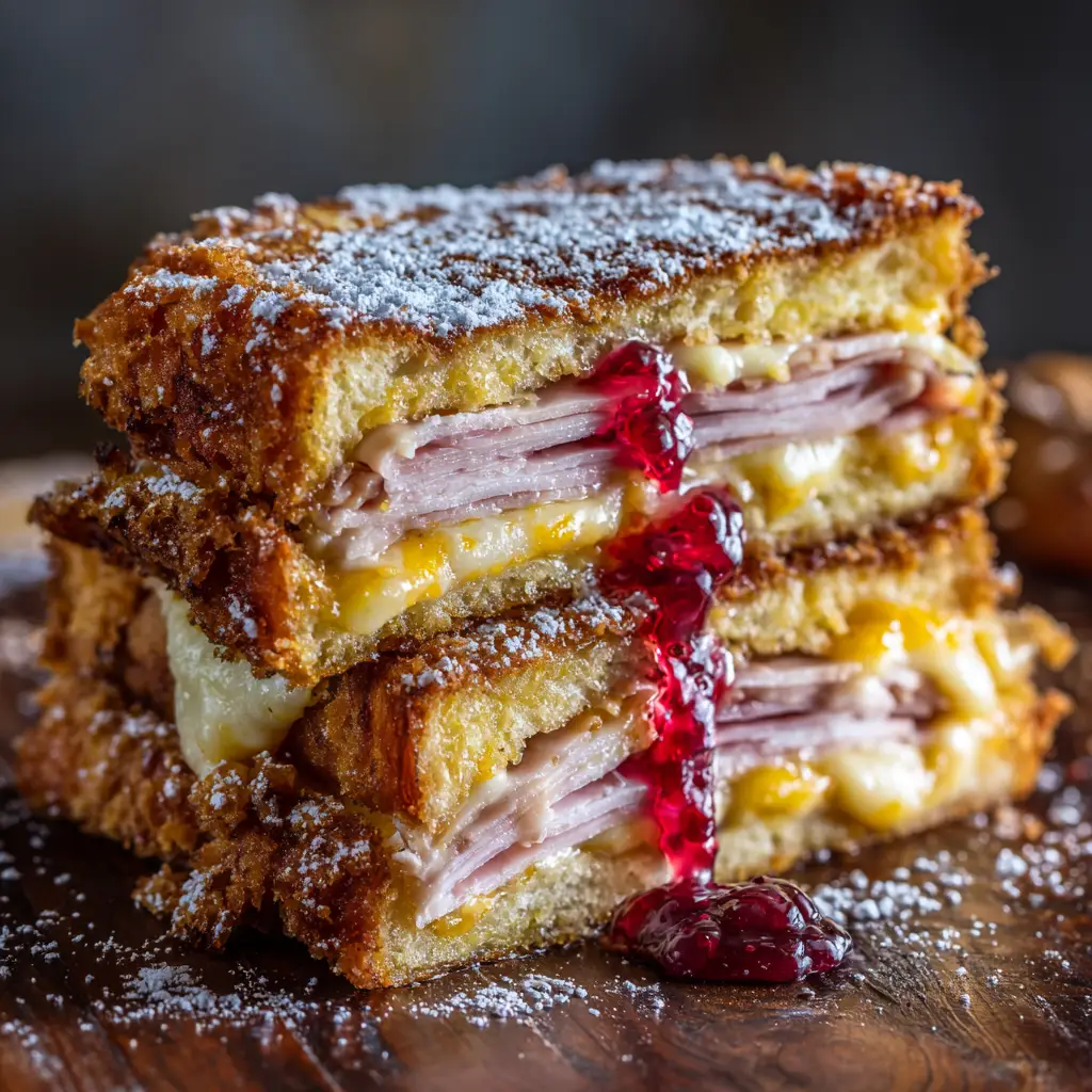 Ingredients for the Bennigans Monte Cristo Recipe including ham, turkey, cheese, and raspberry jam.