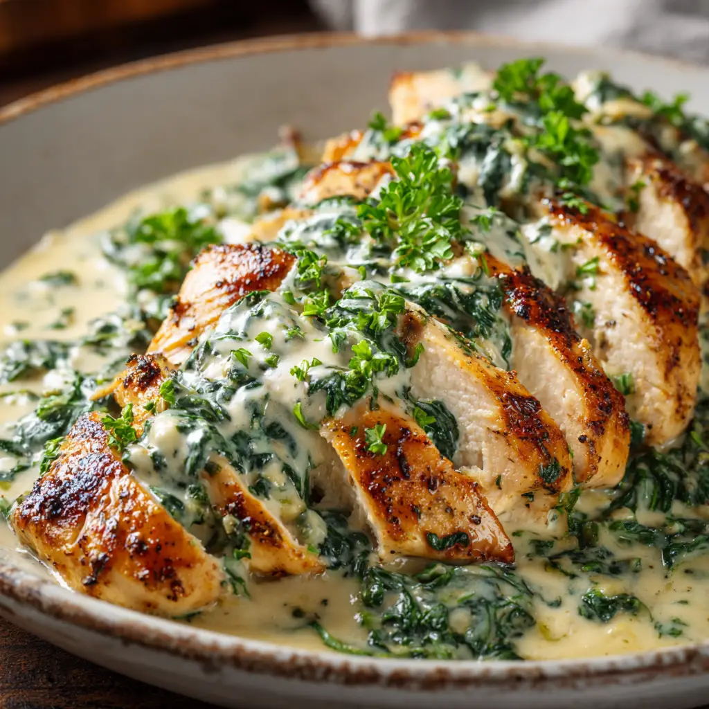A pan full of sliced grilled chicken simmering in a creamy garlic, parmesan, and spinach sauce.