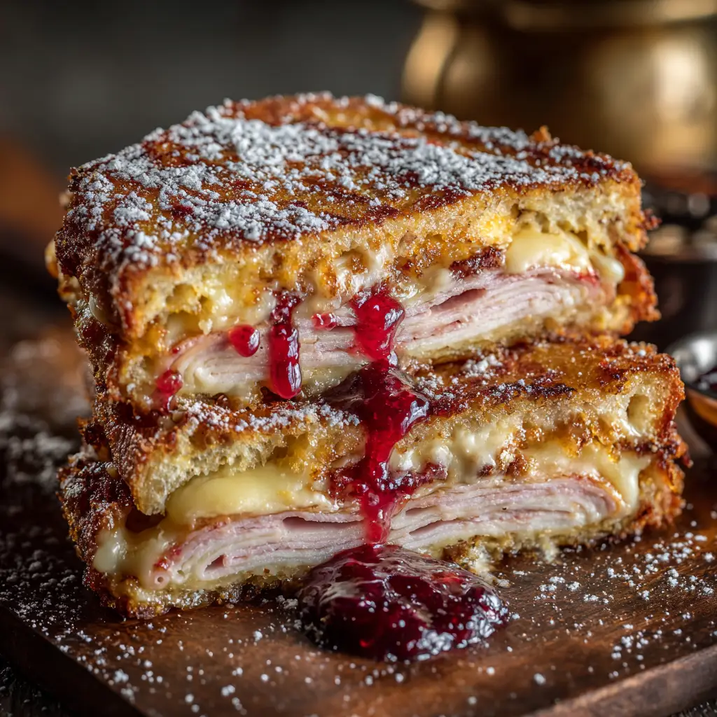Close up of the Bennigans Monte Cristo Recipe deep-frying in hot oil to a golden brown.
