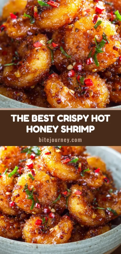 A close-up shot of crispy Hot Honey Fried Shrimp piled in a rustic light gray ceramic bowl with red chili flakes.