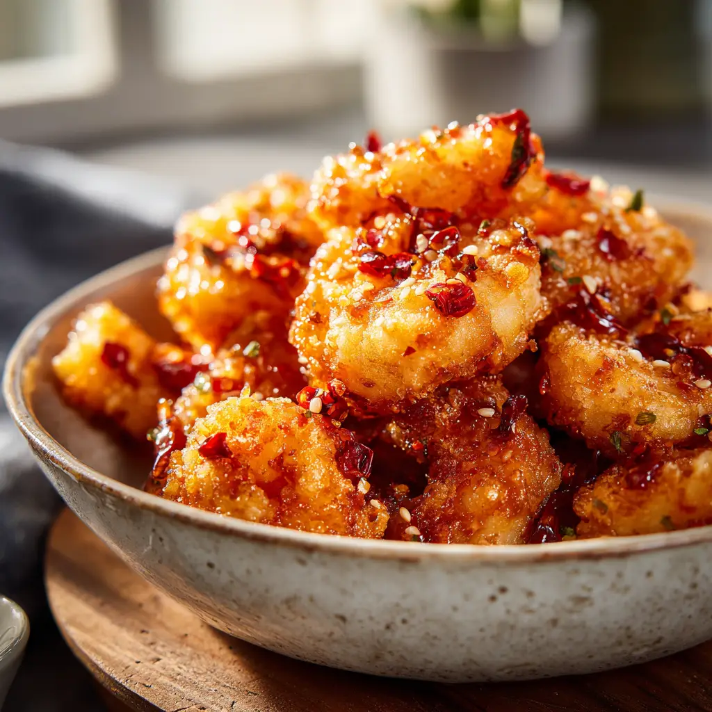 Raw large shrimp beside bowls of buttermilk, flour, and cornstarch for making Hot Honey Fried Shrimp.