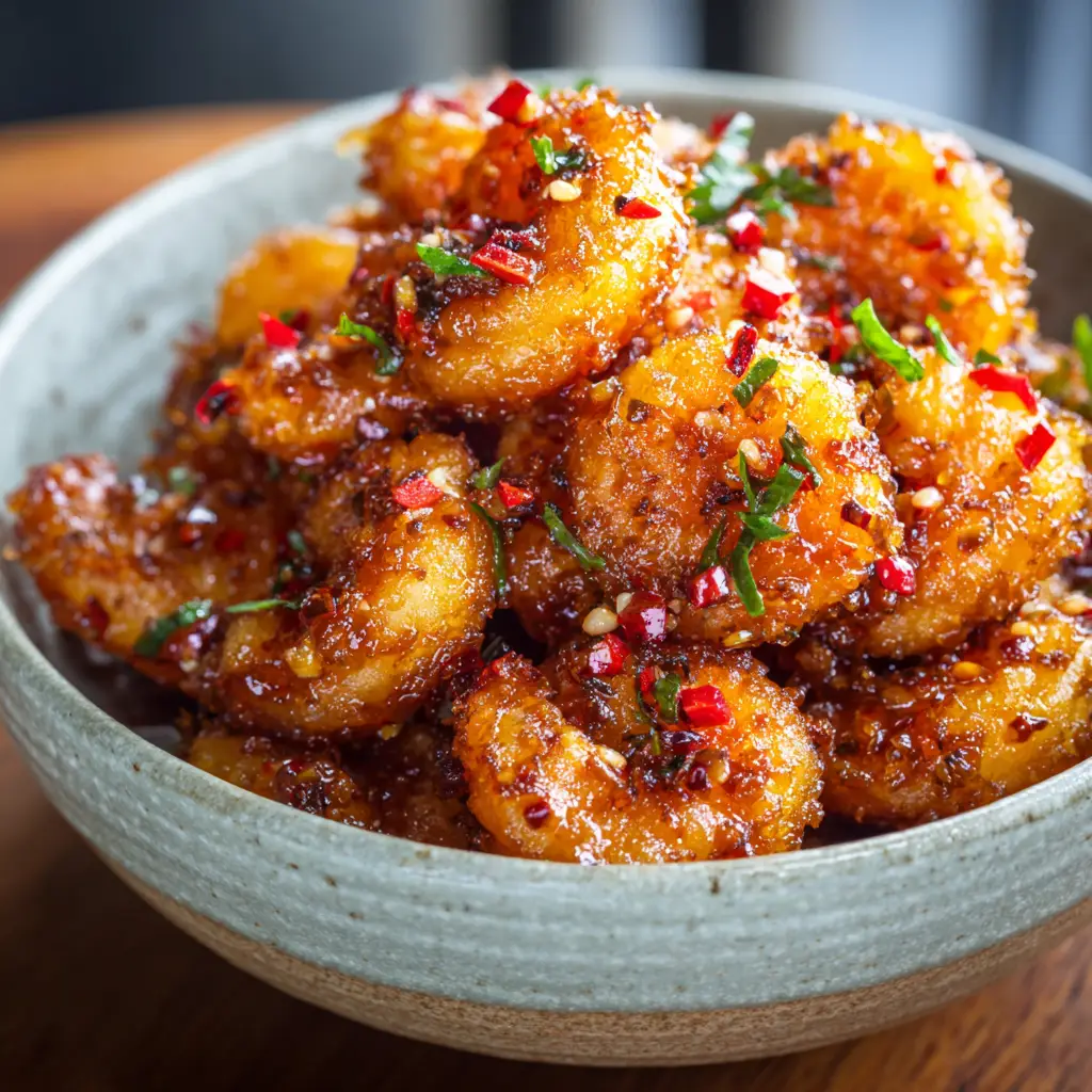 Frying breaded shrimp in a Dutch oven to a golden-brown crisp for Hot Honey Fried Shrimp.