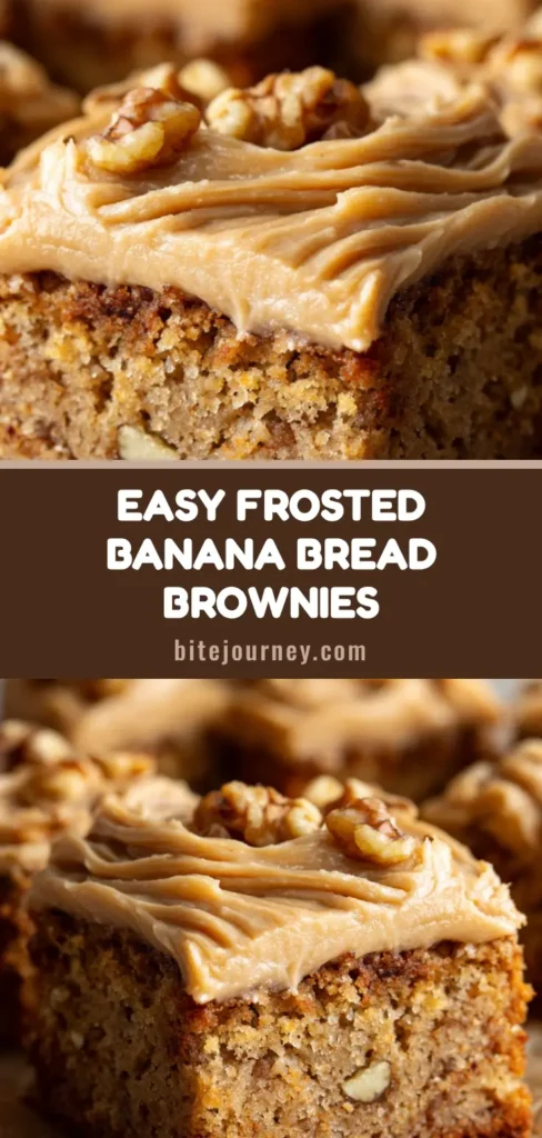 A stack of freshly baked Banana Bread Brownies topped with luscious cream cheese frosting and walnuts.