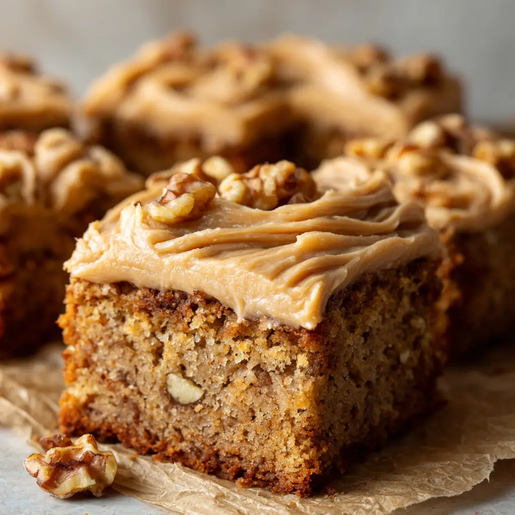 A close-up of a perfectly square Banana Bread Brownie on rustic parchment paper with golden-brown crumb.