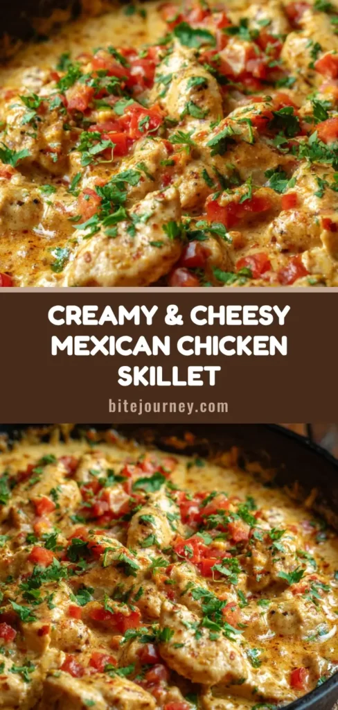 A hearty rustic cast iron skillet filled with creamy Mexican chicken, covered in a thick bubbly cheese sauce, tomatoes, and cilantro.