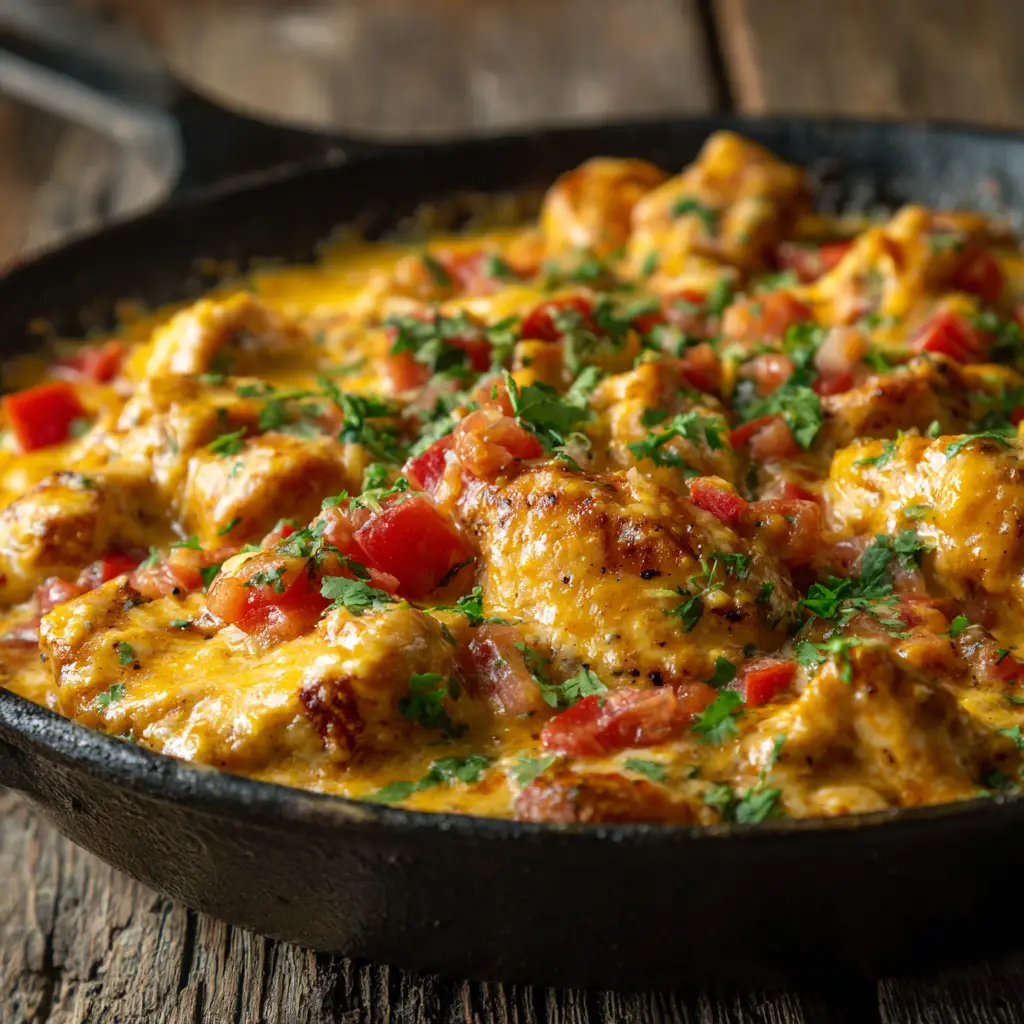 Raw ingredients for creamy Mexican chicken including chicken breasts, Mexican cheese, cream cheese, diced tomatoes, and cilantro.