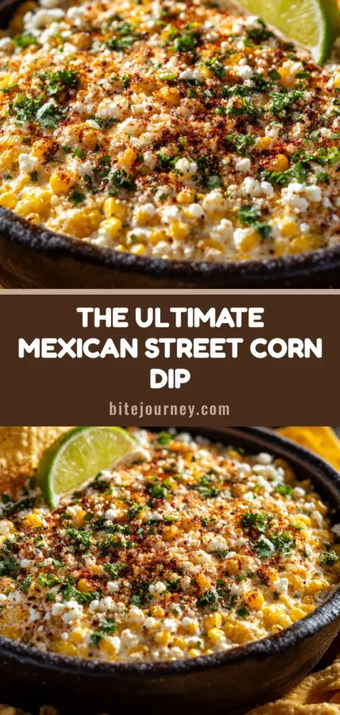 A rustic, mouth-watering Mexican Street Corn Dip in a dark stoneware bowl, topped with chili powder, fresh cilantro, and crumbled cotija, surrounded by golden tortilla chips.