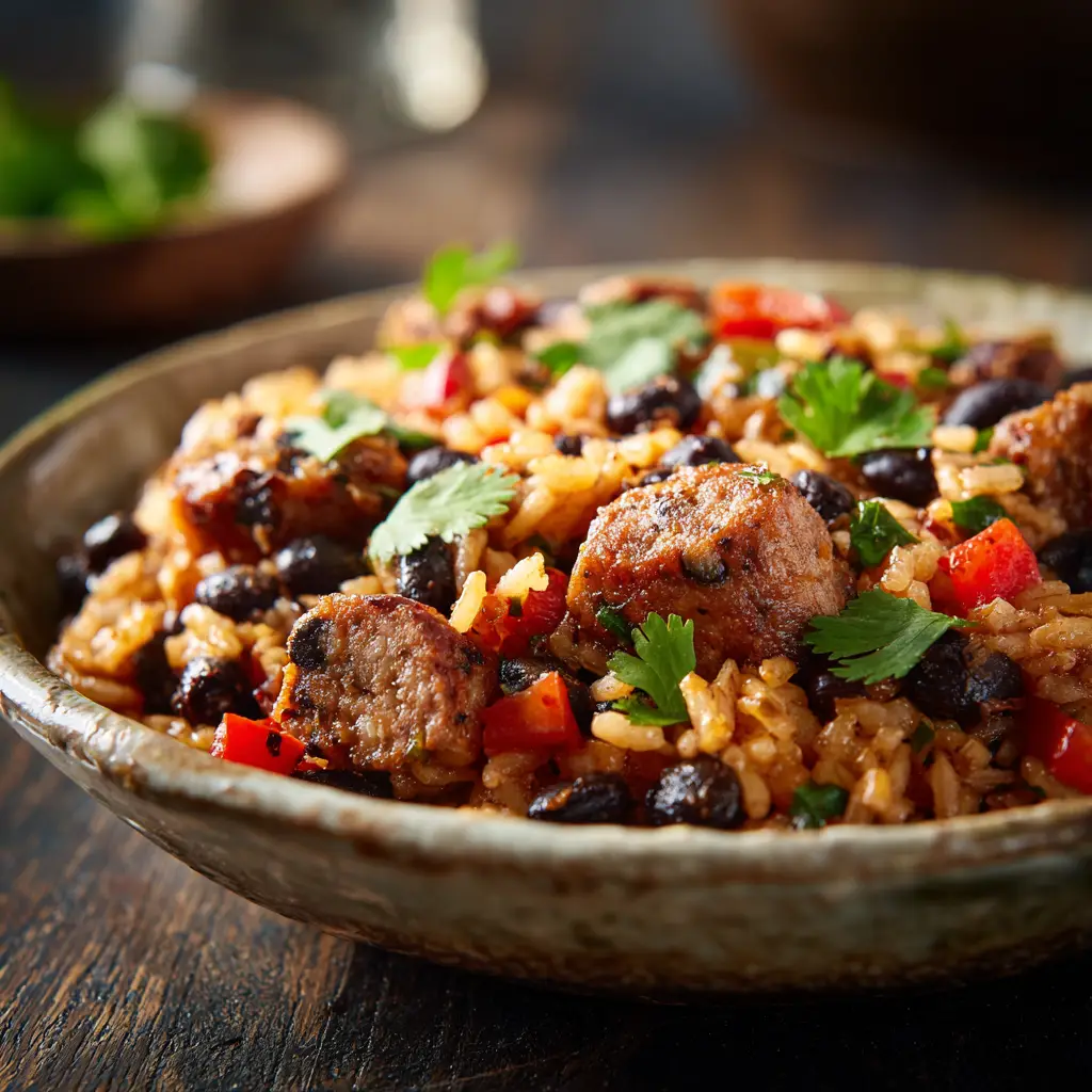 A rustic, slightly worn ceramic bowl filled with cooked black beans and rice with sausage, illuminated by natural kitchen lighting.
