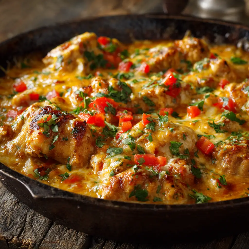 Close-up of golden-brown chicken pieces simmering in a rich cream cheese sauce in a dark cast iron skillet.