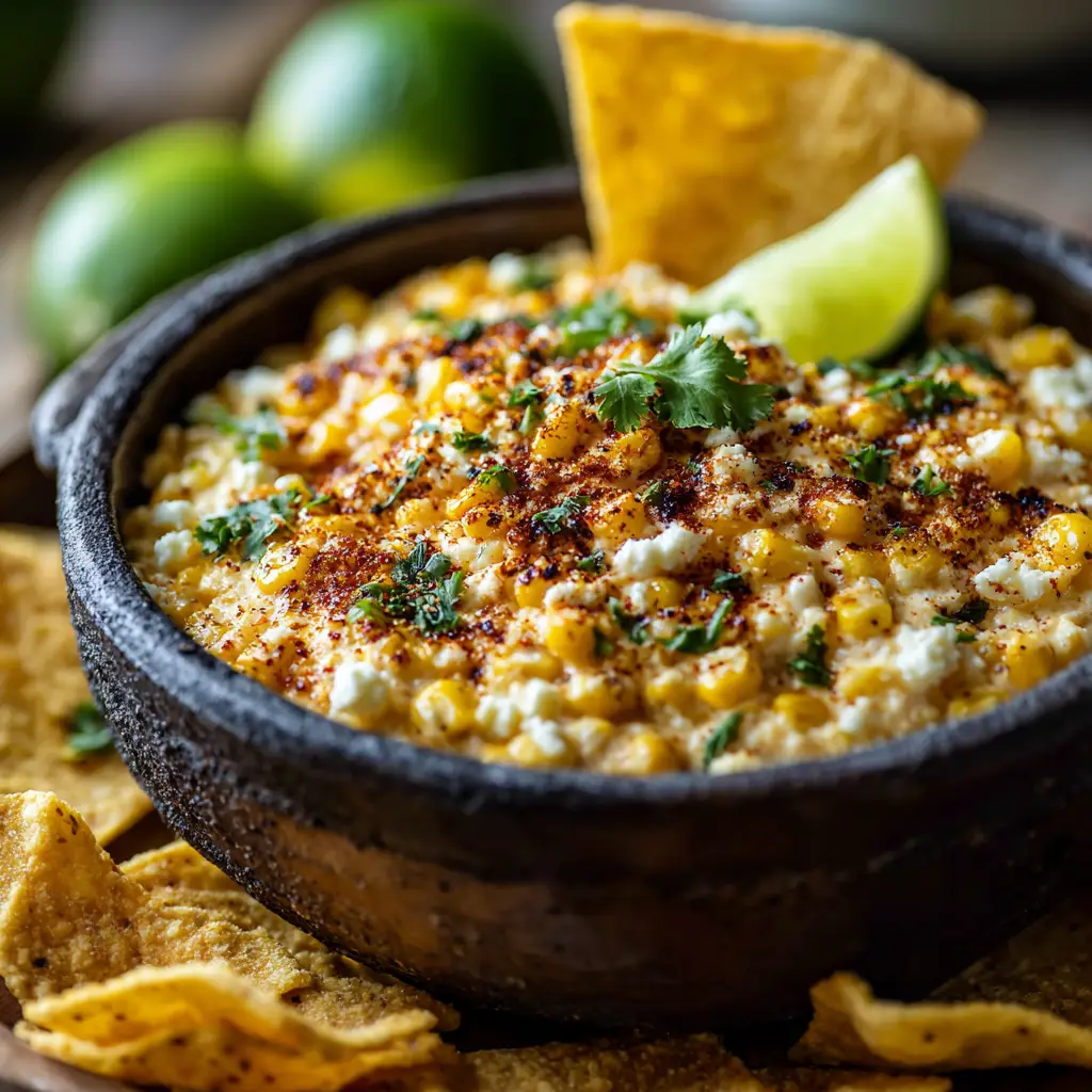 Close-up of creamy Mexican Street Corn Dip with charred corn kernels, a lime wedge on the bowl edge, and a perfectly dipped tortilla chip.