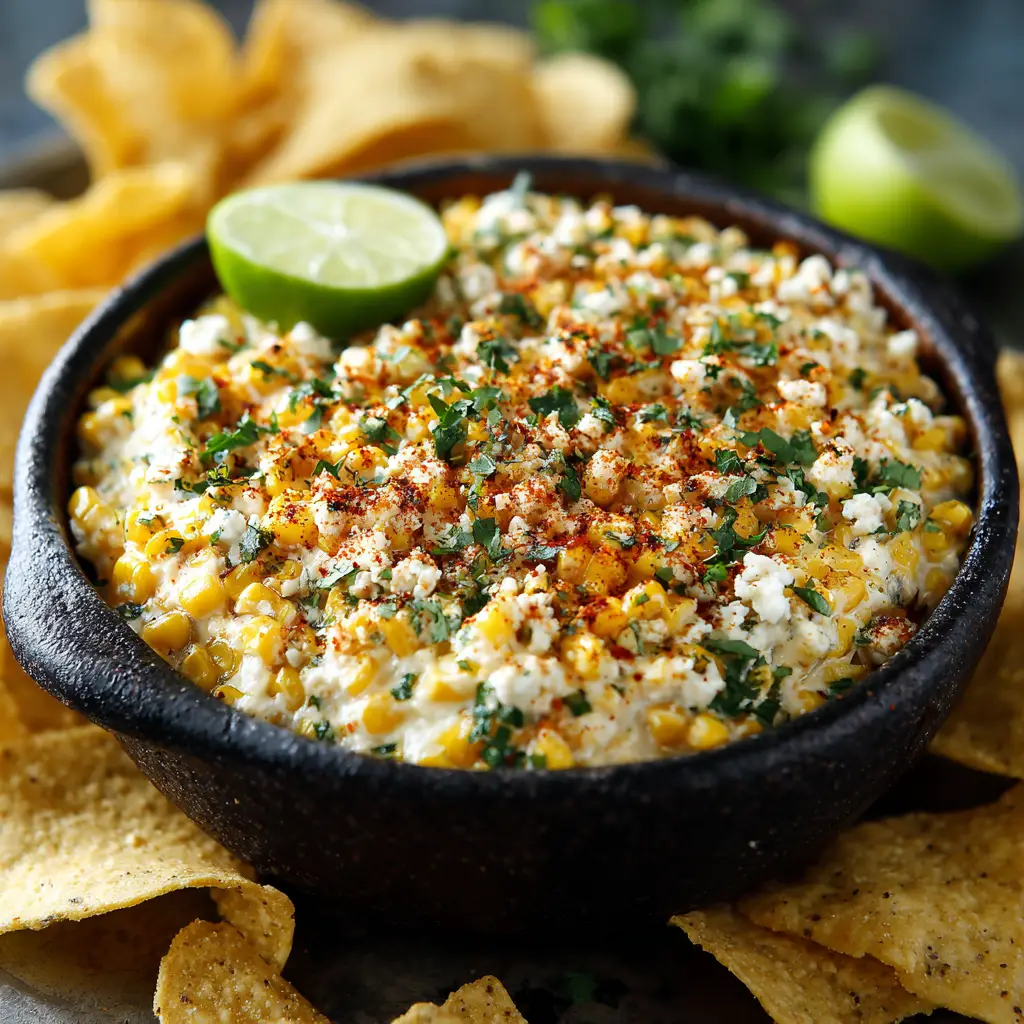 Macro view of Mexican street corn dip showcasing the rich texture, crumbled cotija cheese, and chopped cilantro under bright kitchen lighting.