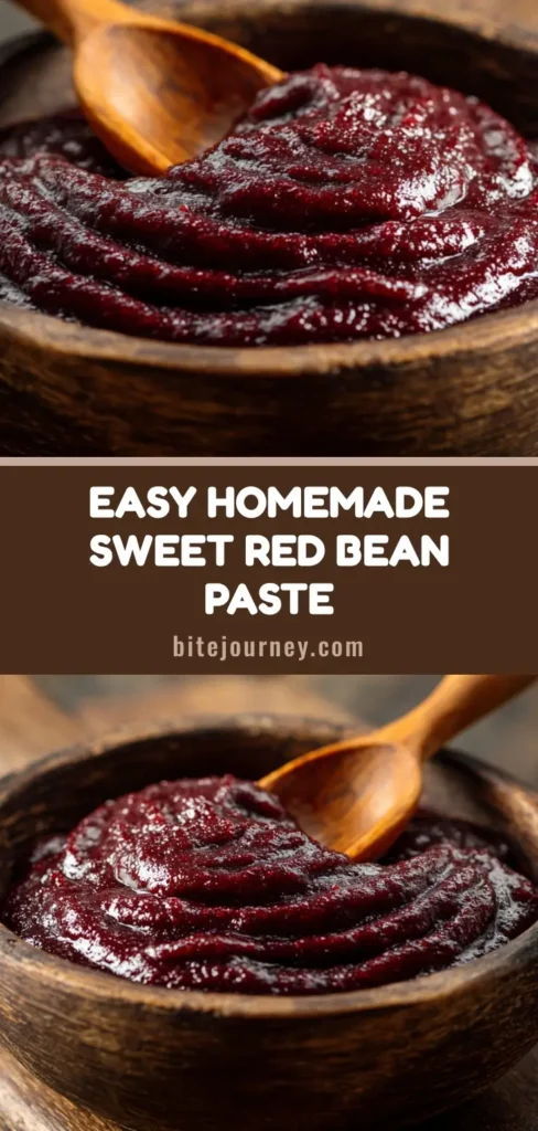 A rustic, hearty bowl of thick, glossy homemade red bean paste resting on a weathered wooden counter.
