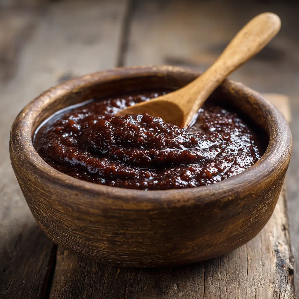 Close up macro shot of thick, glossy homemade red bean paste with a wooden spoon.