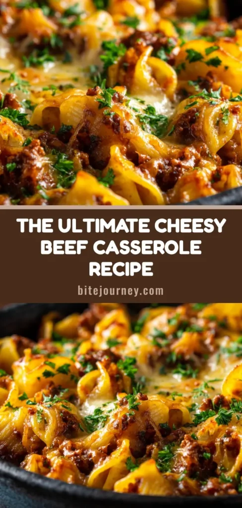 A hearty cheesy ground beef casserole baked in a dark ceramic dish, showcasing gooey melted cheddar and mozzarella cheese garnished with parsley.