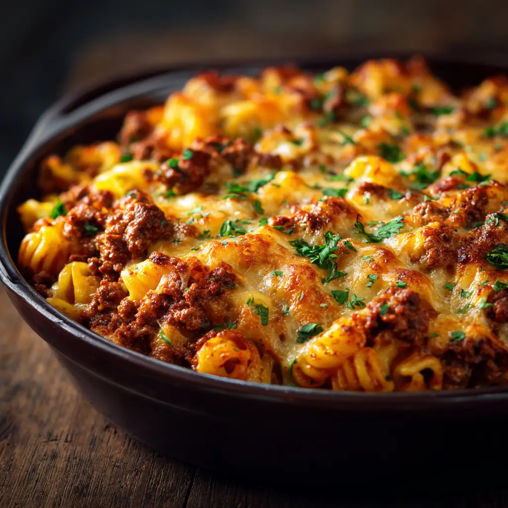 A rustic and hearty cheesy ground beef and pasta casserole fresh out of the oven, captured in bright kitchen lighting.