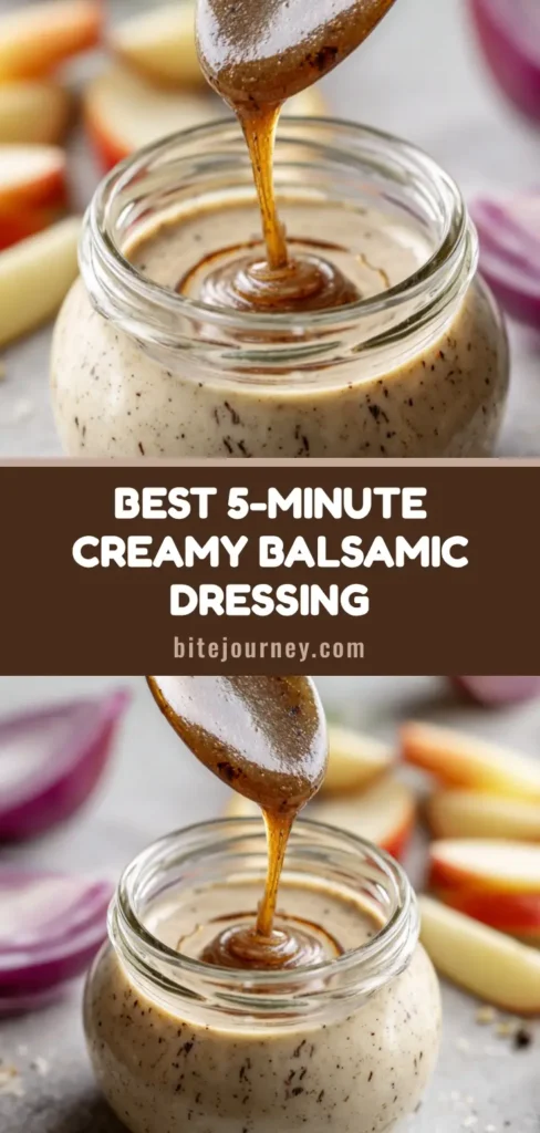 A close-up of thick, authentic Creamy Balsamic Dressing being drizzled into a rustic glass jar, surrounded by fresh apple slices and red onions.