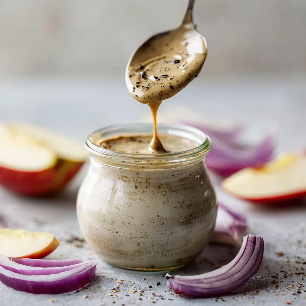 Macro shot of Creamy Balsamic Dressing swirling into a jar with visible flecks of black pepper on a light grey textured surface.