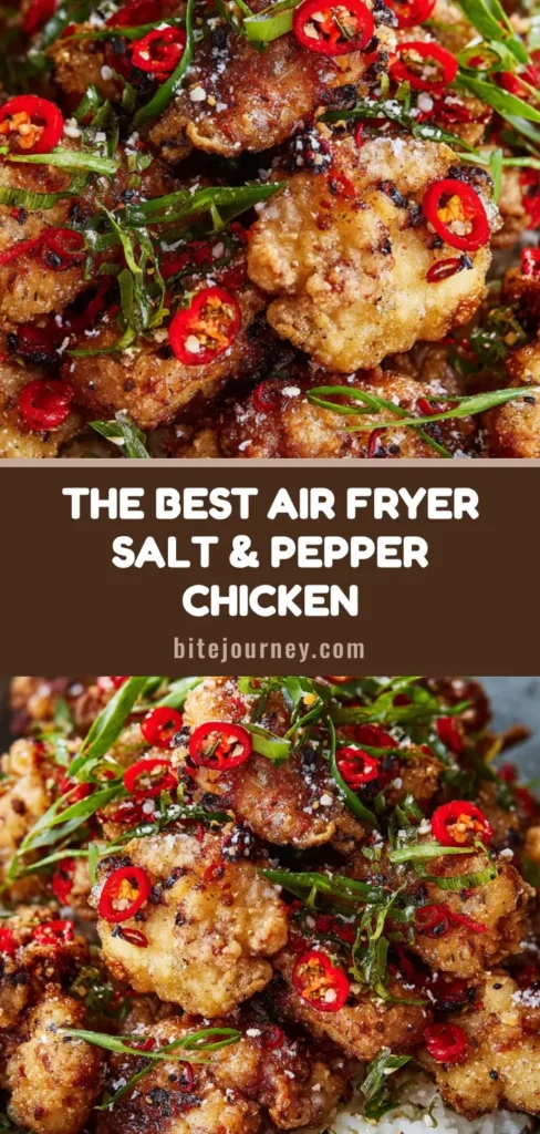 A rustic grey ceramic bowl piled high with Air Fryer Salt and Pepper Chicken, garnished with red chilis and scallions over white rice.