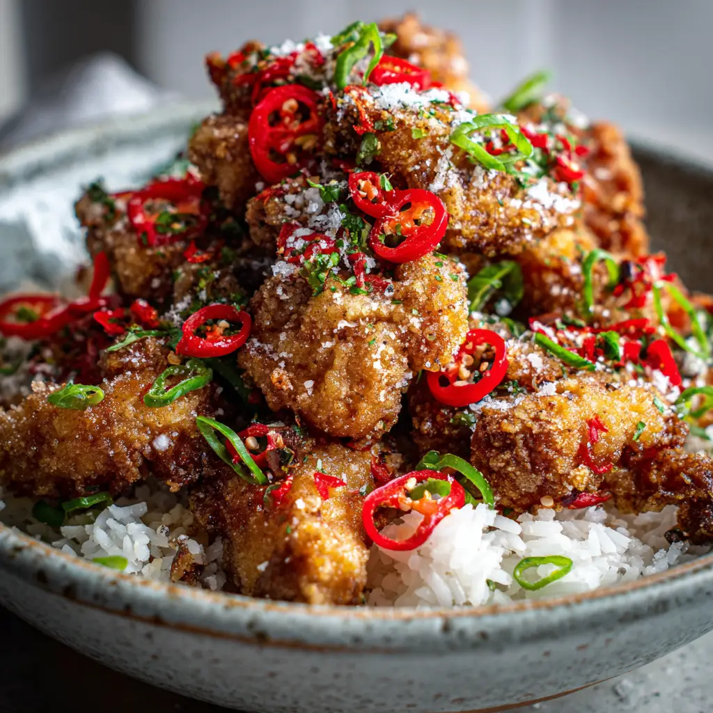 Air Fryer Salt and Pepper Chicken served casually in a bright kitchen setting on a bed of fluffy white rice.
