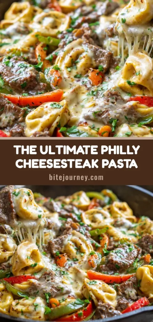A rustic, hearty bowl of Philly cheesesteak tortellini pasta in a dark cast-iron skillet, garnished with parsley.