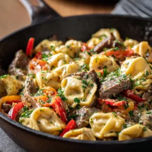 Close-up macro angle of tender tortellini, savory slices of beef, and sauteed bell peppers coated in a thick, creamy cheese sauce.