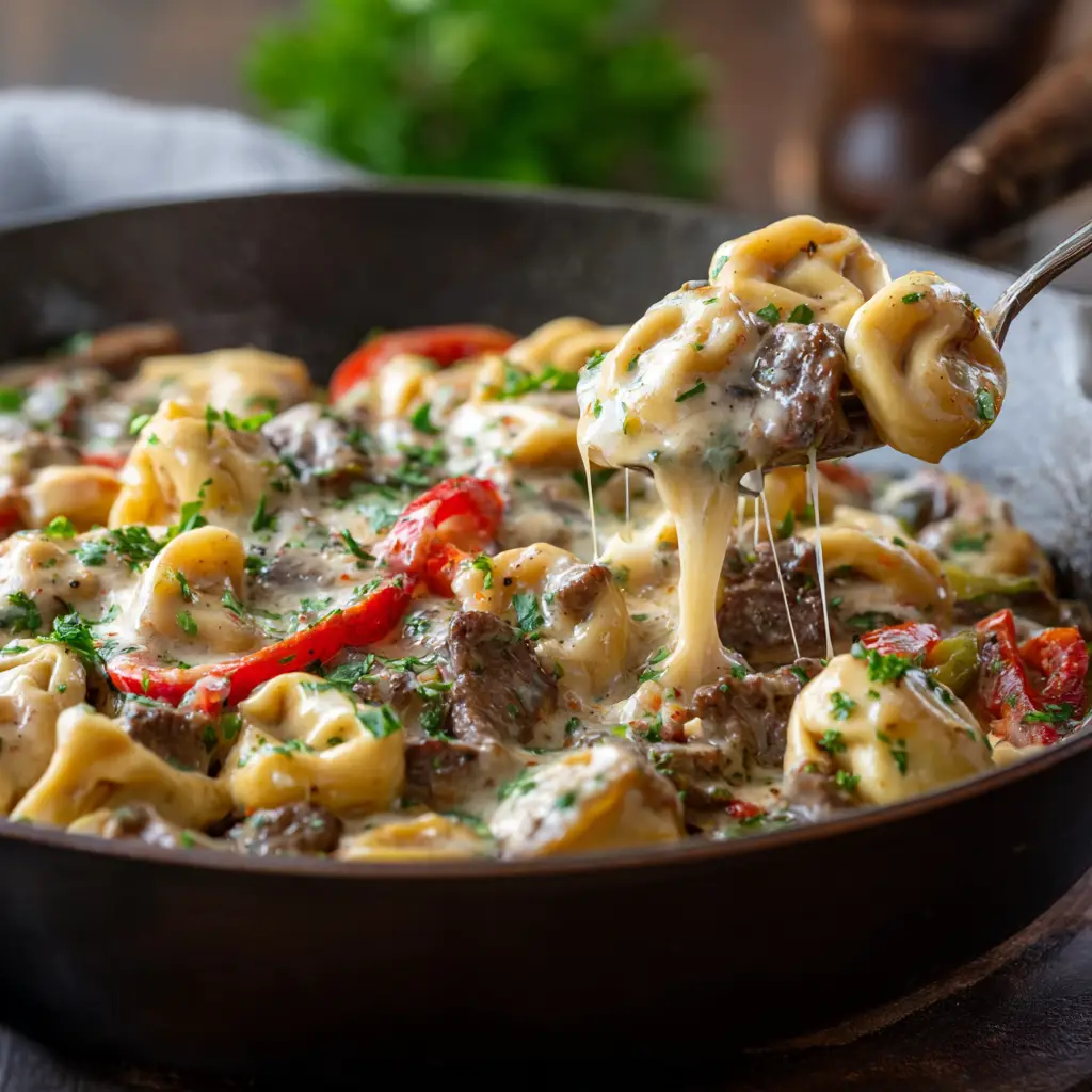 Melted provolone stretching beautifully from a skillet of fresh Philly cheesesteak tortellini pasta.