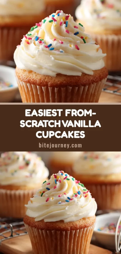 A rustic wooden board displaying a Homemade Vanilla Cupcake Recipe with fluffy white frosting, colorful sprinkles, and a vintage whisk.