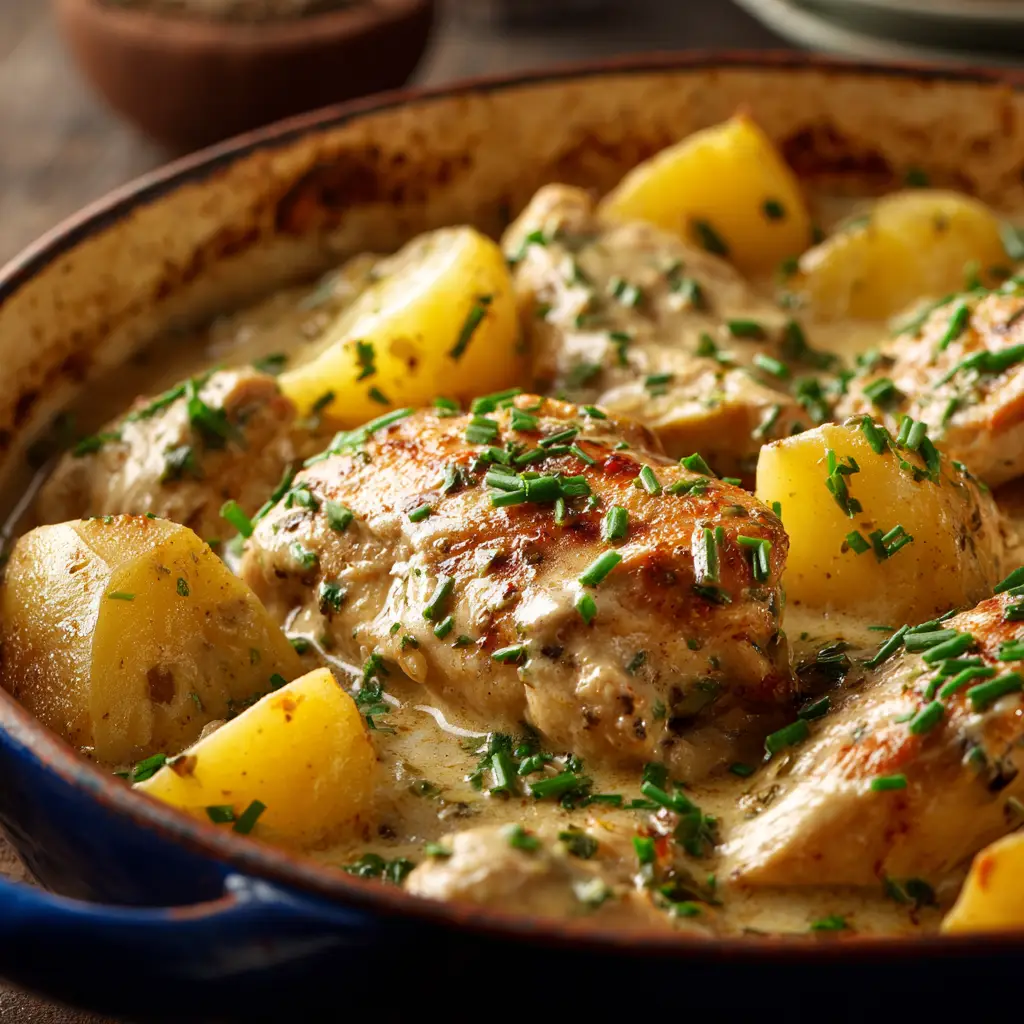 A serving of Dutch Oven Creamy Ranch Chicken in a white bowl, ready to eat. The dish looks hearty, with visible pieces of chicken and potato.