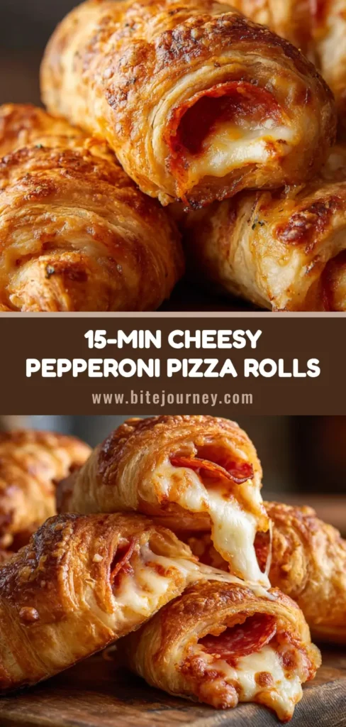 A close-up shot of golden-brown pepperoni croissant rolls on a baking sheet, with one broken open to show melted cheese and pepperoni inside.