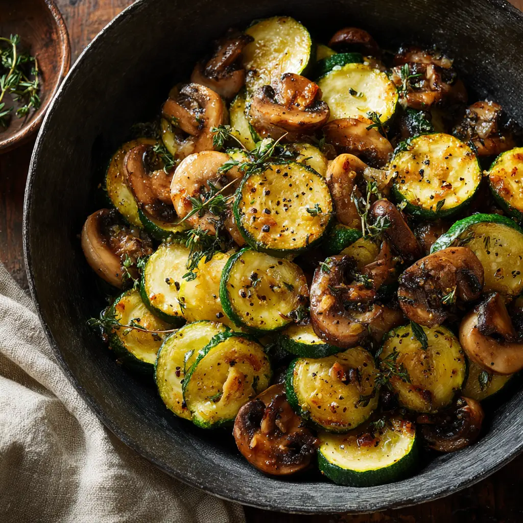 A close-up shot of perfectly sauteed zucchini and mushrooms in a black skillet, showing the browned edges and tender texture.